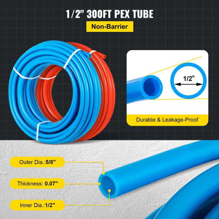 VEVOR 1/2" 2X300ft PEX Tubing NonBarrier 160 Psi PEX Pipe Radiant